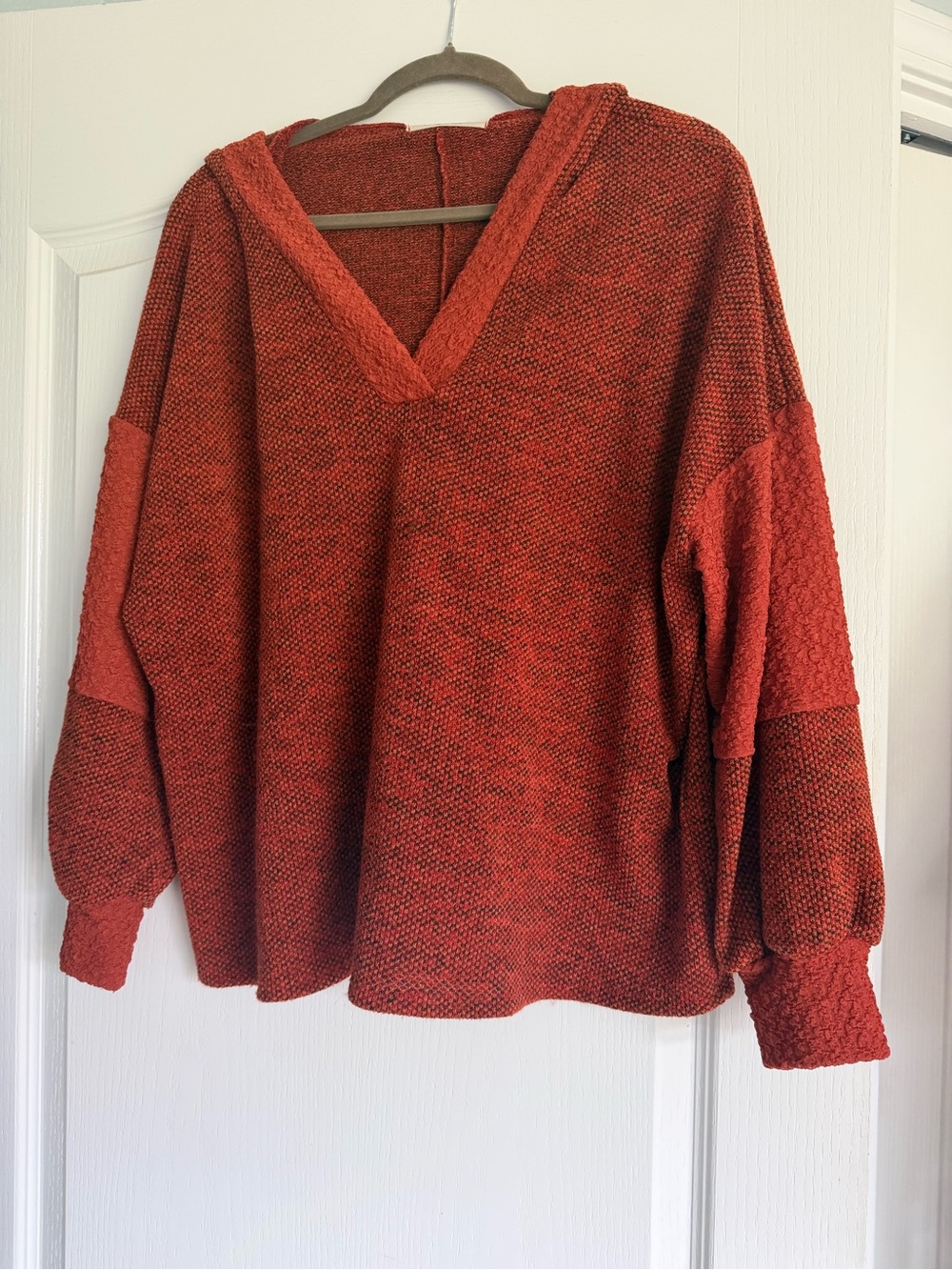 Cozy Haptics V-Neck Knit Sweater Hoodie in Rust Red